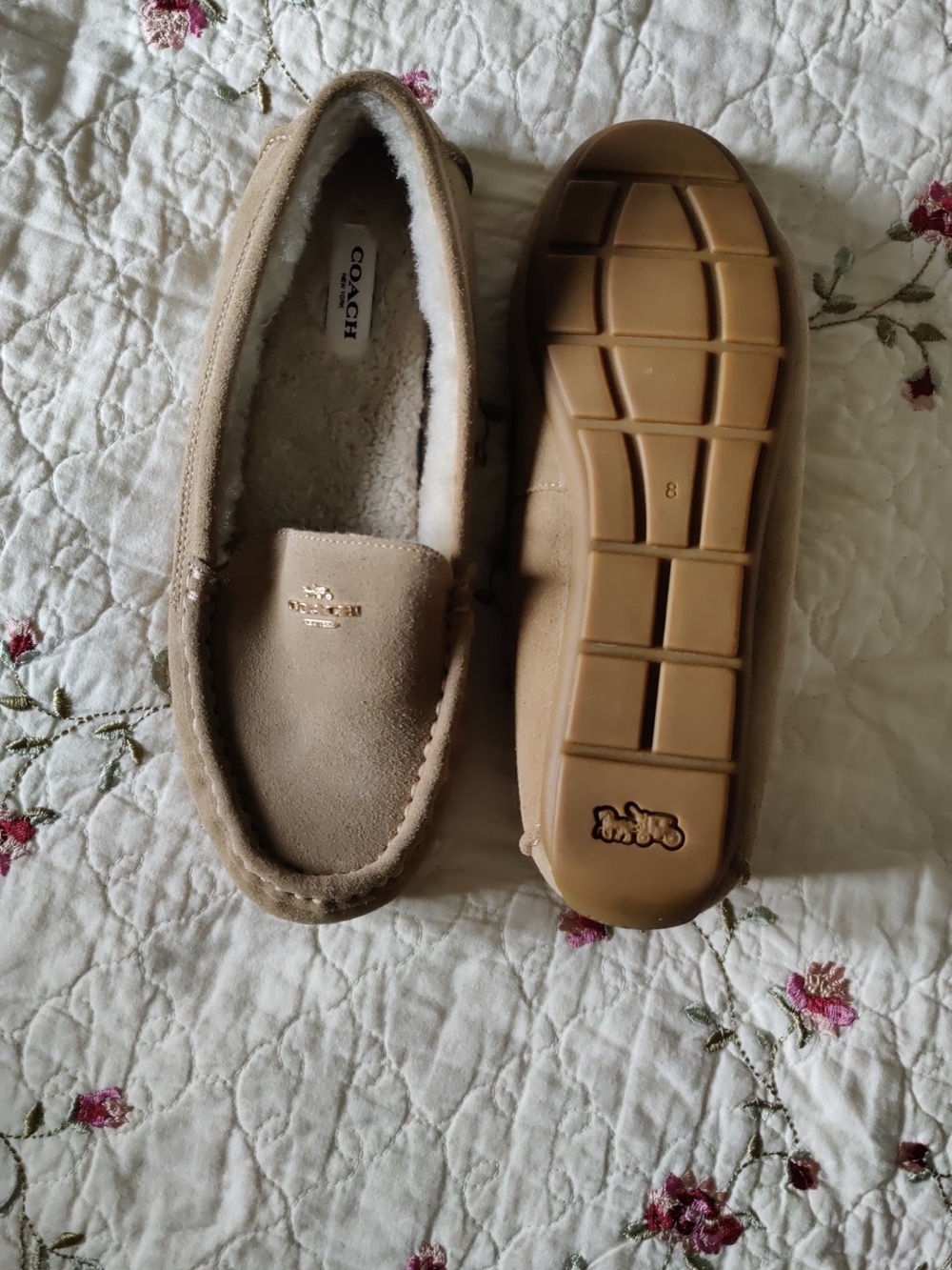 Coach Women's Tan Suede Shearling Moccasin Slippers size 8